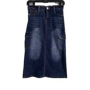 NWT Wallflower Girl Dark Denim Girls Maxi Cargo Skirt w/ Fading Back Split-12
